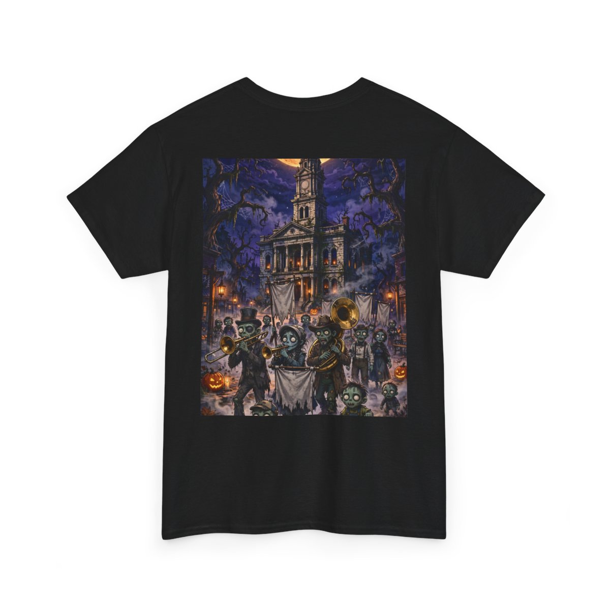 black unisex tee, back view — Denton Texas Halloween back artwork — Design 10