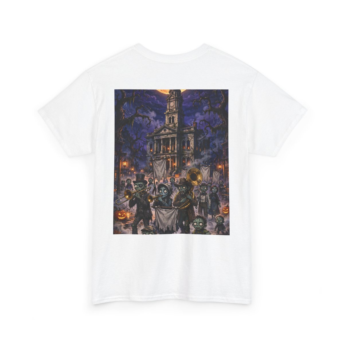 white unisex tee, back view — Denton Texas Halloween back artwork — Design 10