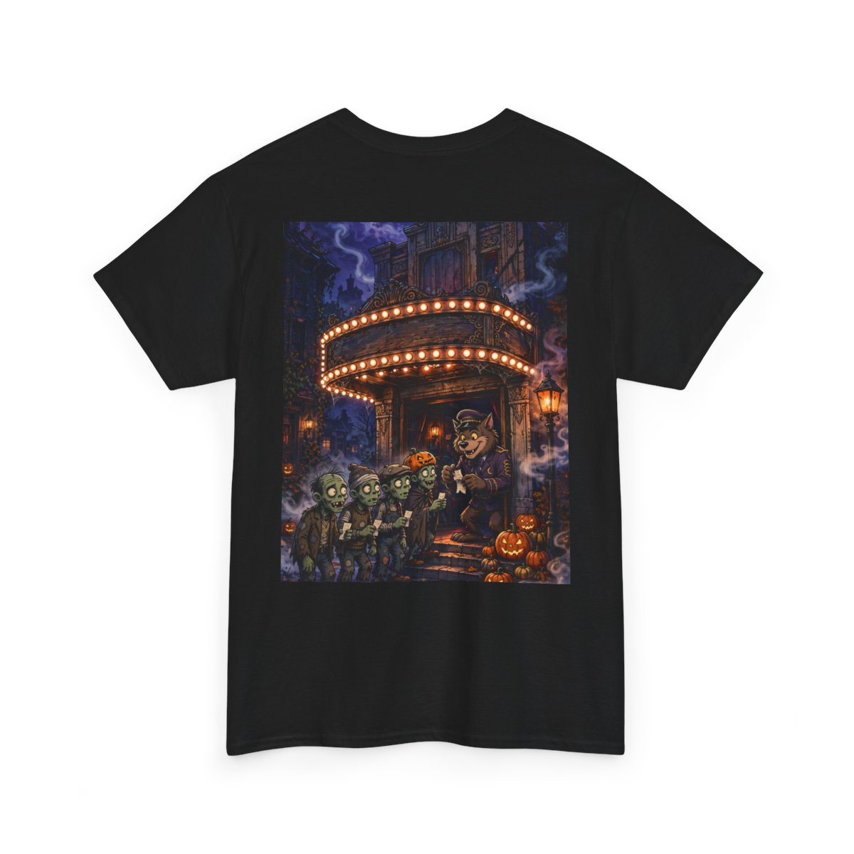 black unisex tee, back view — Denton Texas Halloween back artwork — Design 11
