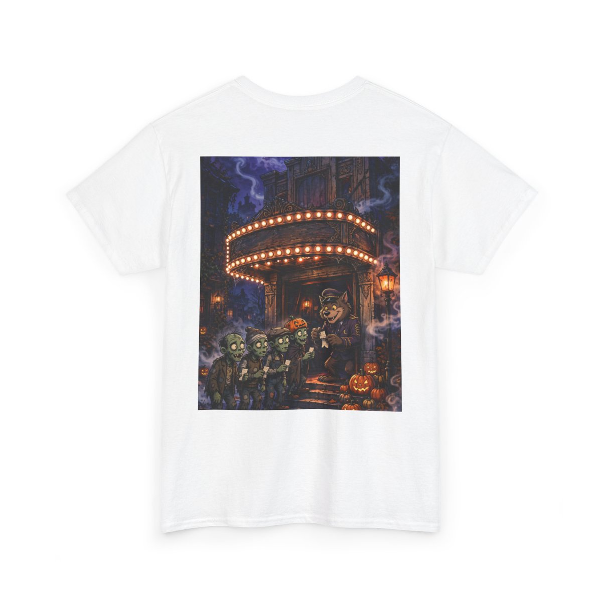 white unisex tee, back view — Denton Texas Halloween back artwork — Design 11
