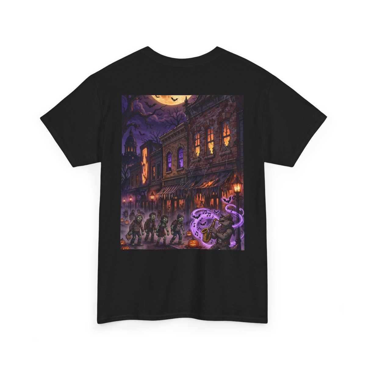 black unisex tee, back view — Denton Texas Halloween back artwork — Design 3