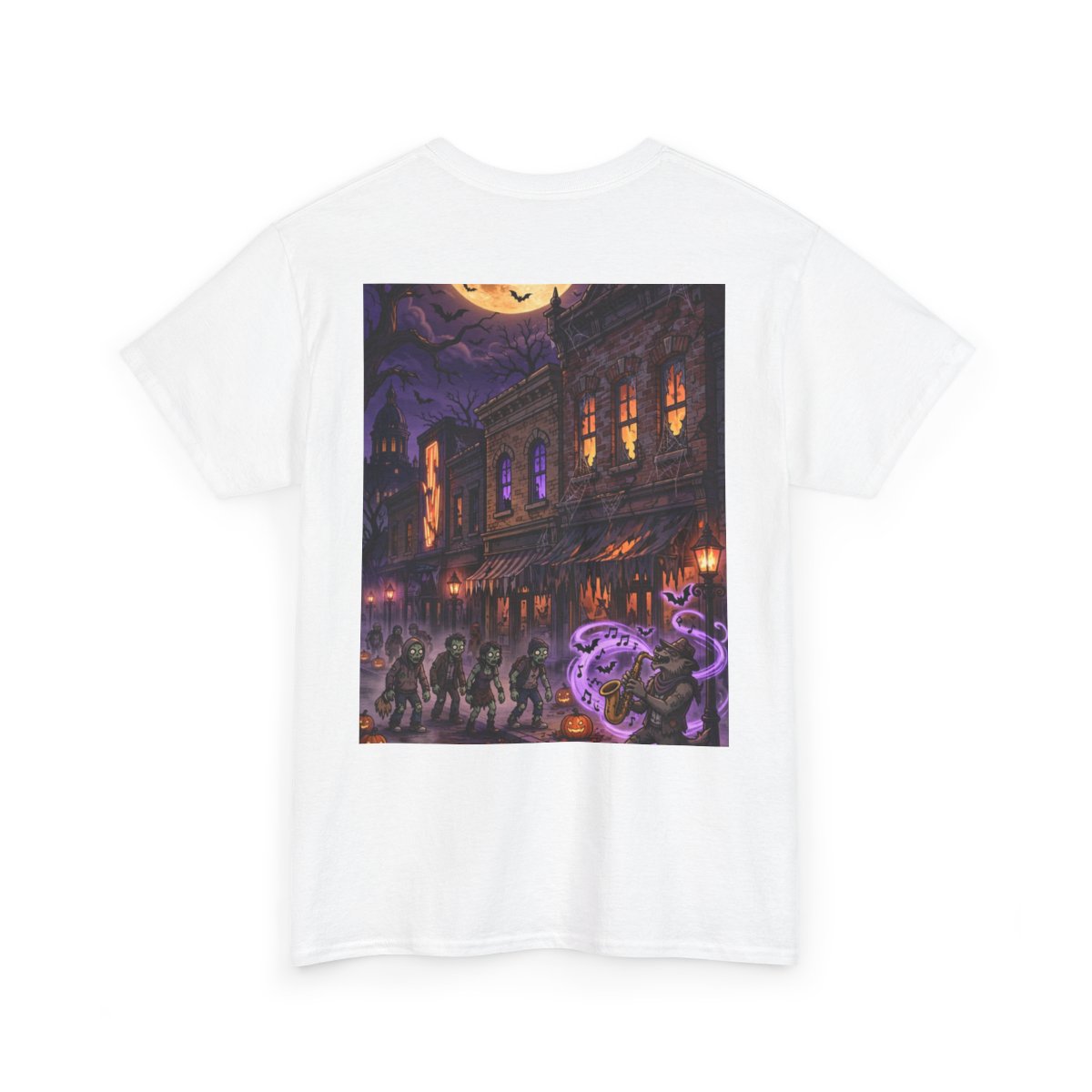 white unisex tee, back view — Denton Texas Halloween back artwork — Design 3