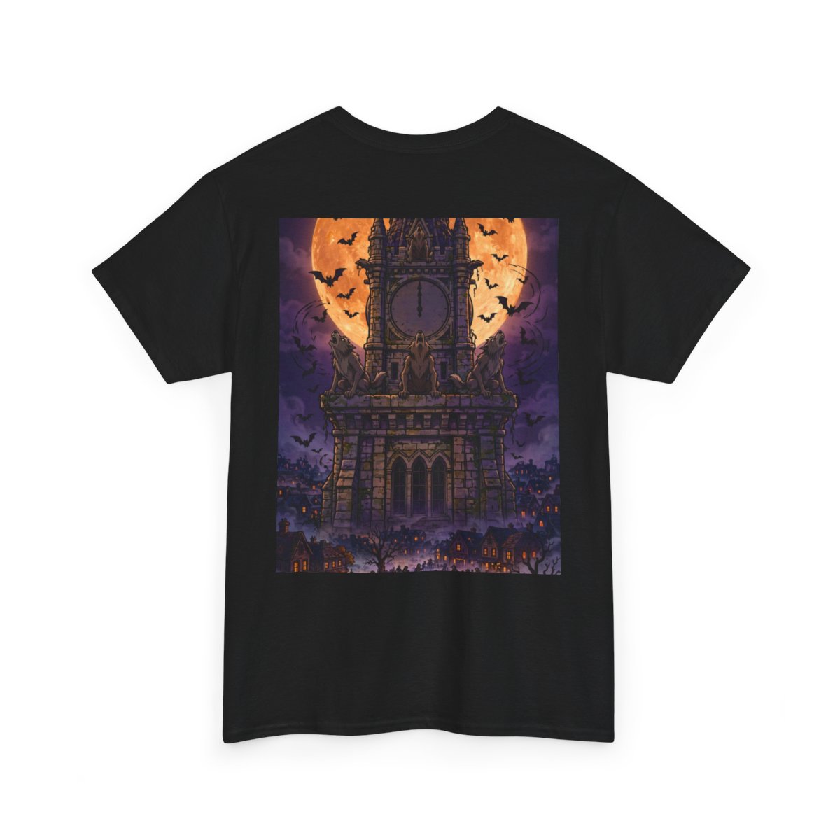 black unisex tee, back view — Denton Texas Halloween back artwork — Design 4