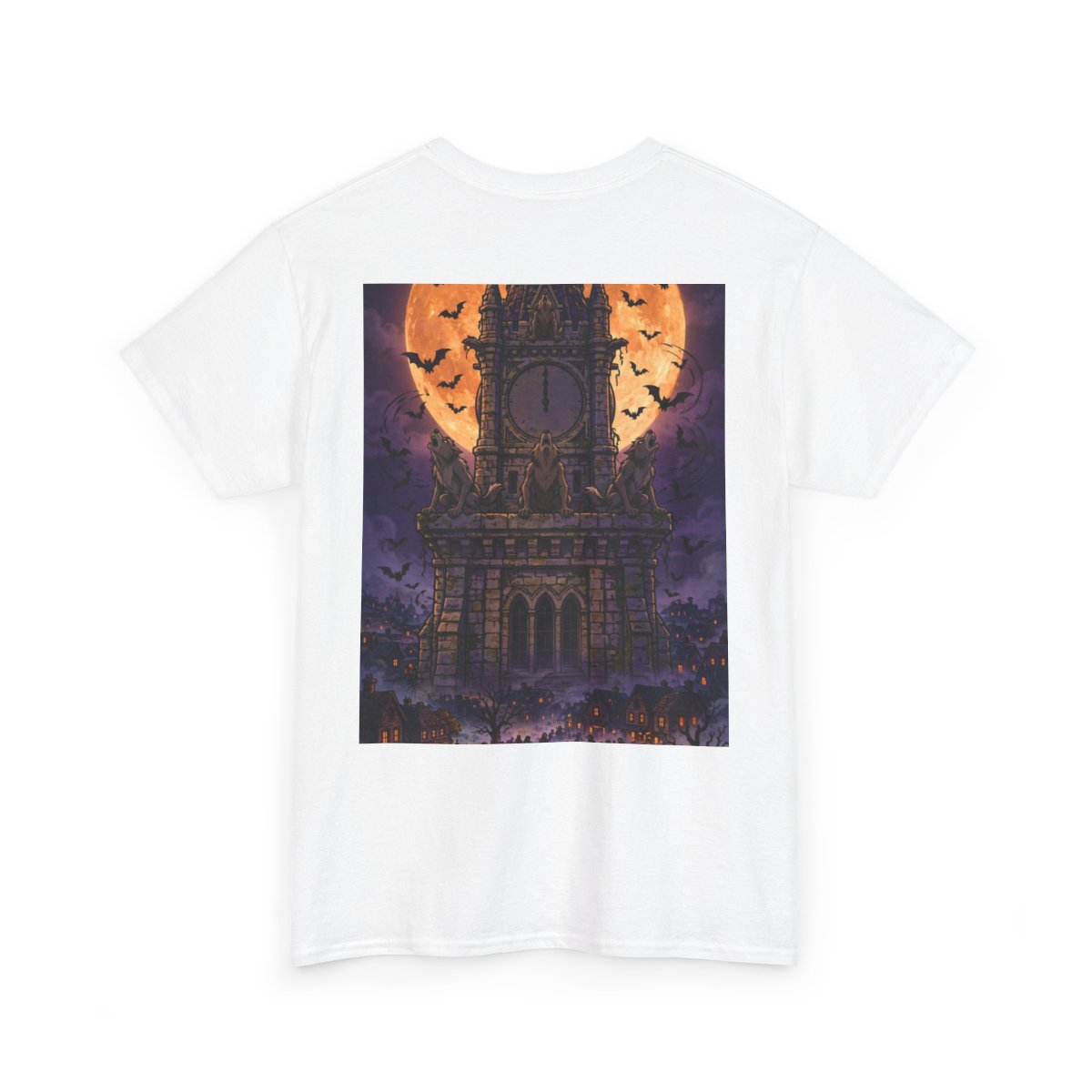 white unisex tee, back view — Denton Texas Halloween back artwork — Design 4