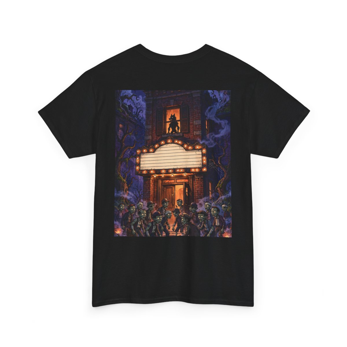 black unisex tee, back view — Denton Texas Halloween back artwork — Design 5
