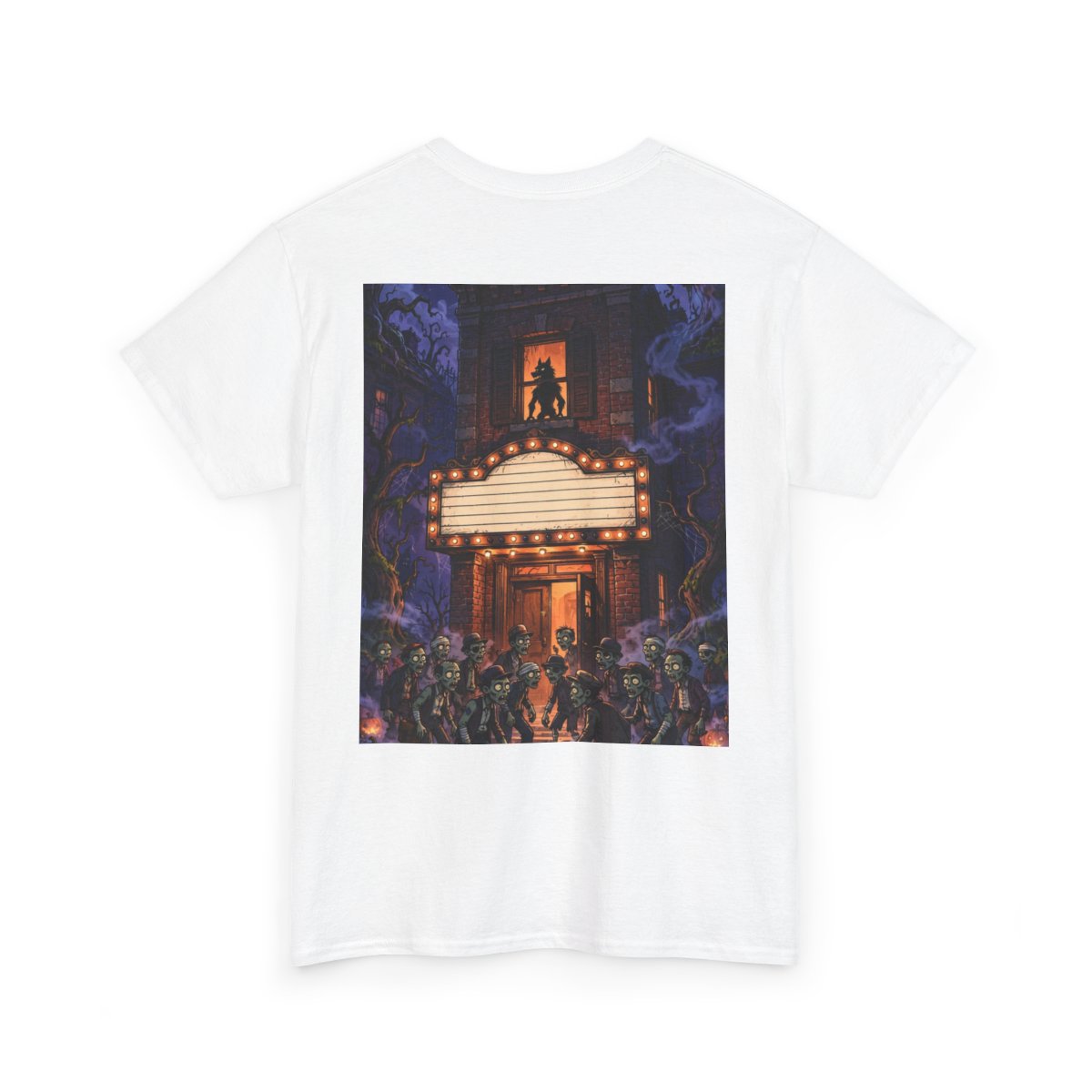 white unisex tee, back view — Denton Texas Halloween back artwork — Design 5