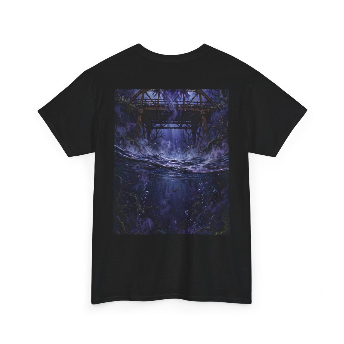 black unisex tee, back view — Denton Texas Halloween back artwork — Design 6