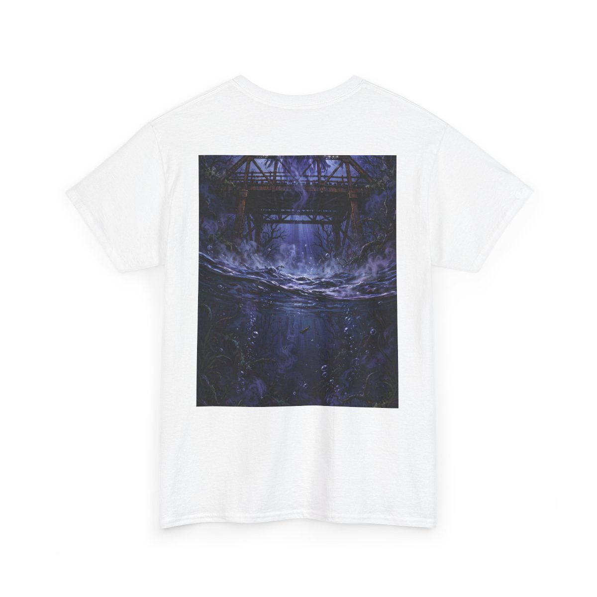 white unisex tee, back view — Denton Texas Halloween back artwork — Design 6