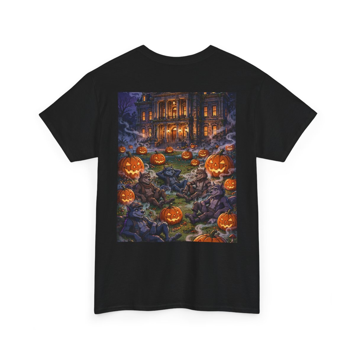 black unisex tee, back view — Denton Texas Halloween back artwork — Design 7