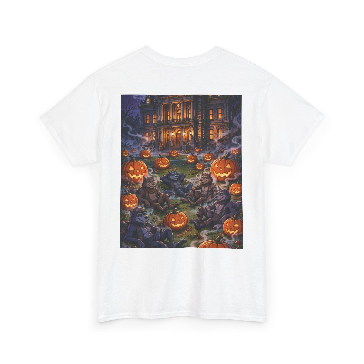 white unisex tee, back view — Denton Texas Halloween back artwork — Design 7
