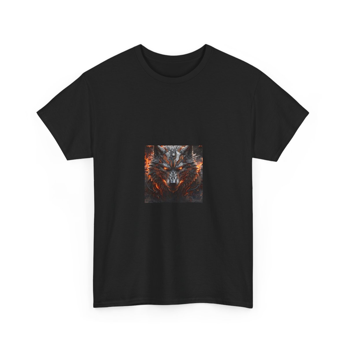 black unisex tee, front view — fire-wolf mascot emblem on the chest
