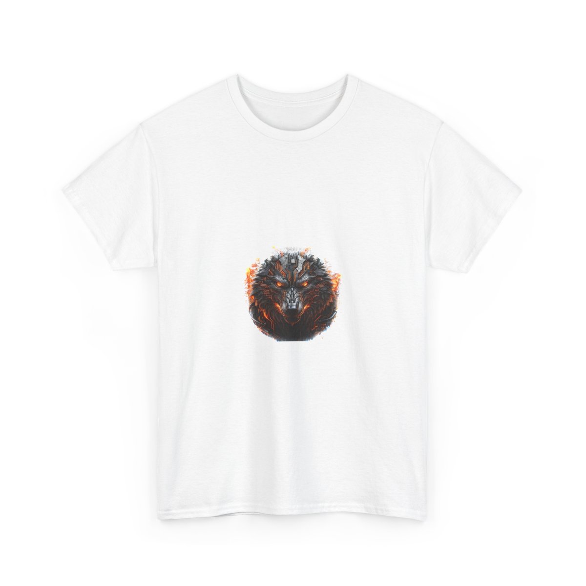 white unisex tee, front view — fire-wolf mascot emblem on the chest