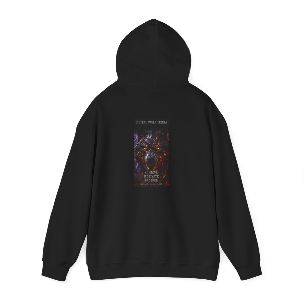 black unisex hoodie, back view — Digital Wolf Media back artwork — ACHIEVE MOTIVATE PROSPER