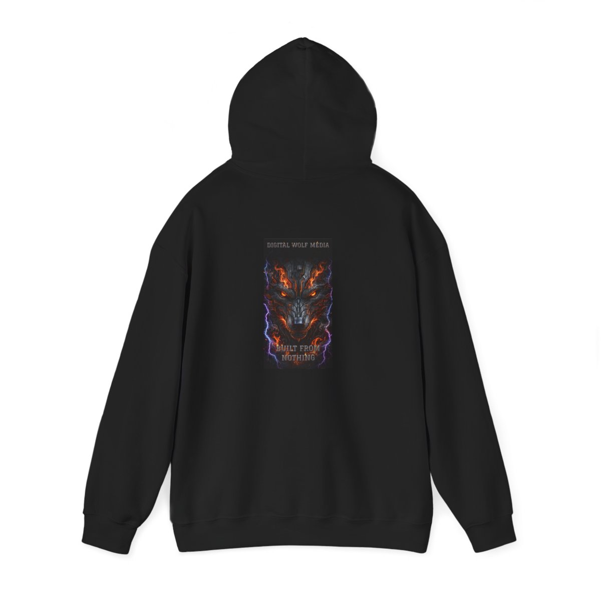 black unisex hoodie, back view — Digital Wolf Media back artwork — BUILT FROM NOTHING