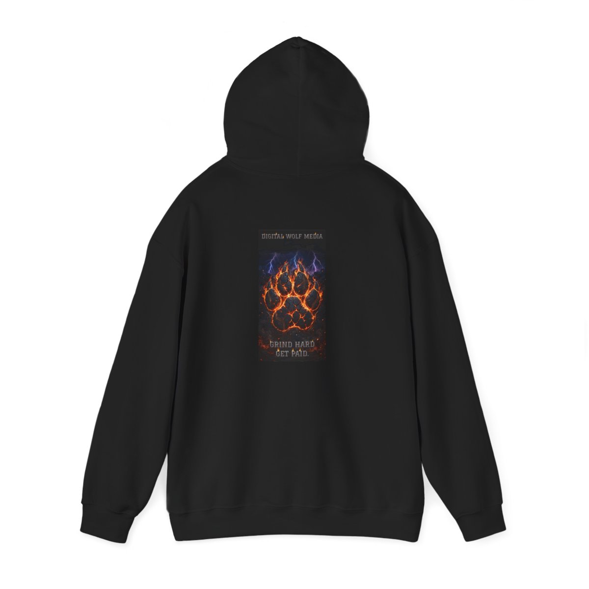 black unisex hoodie, back view — Digital Wolf Media back artwork — GRIND HARD GET PAID.