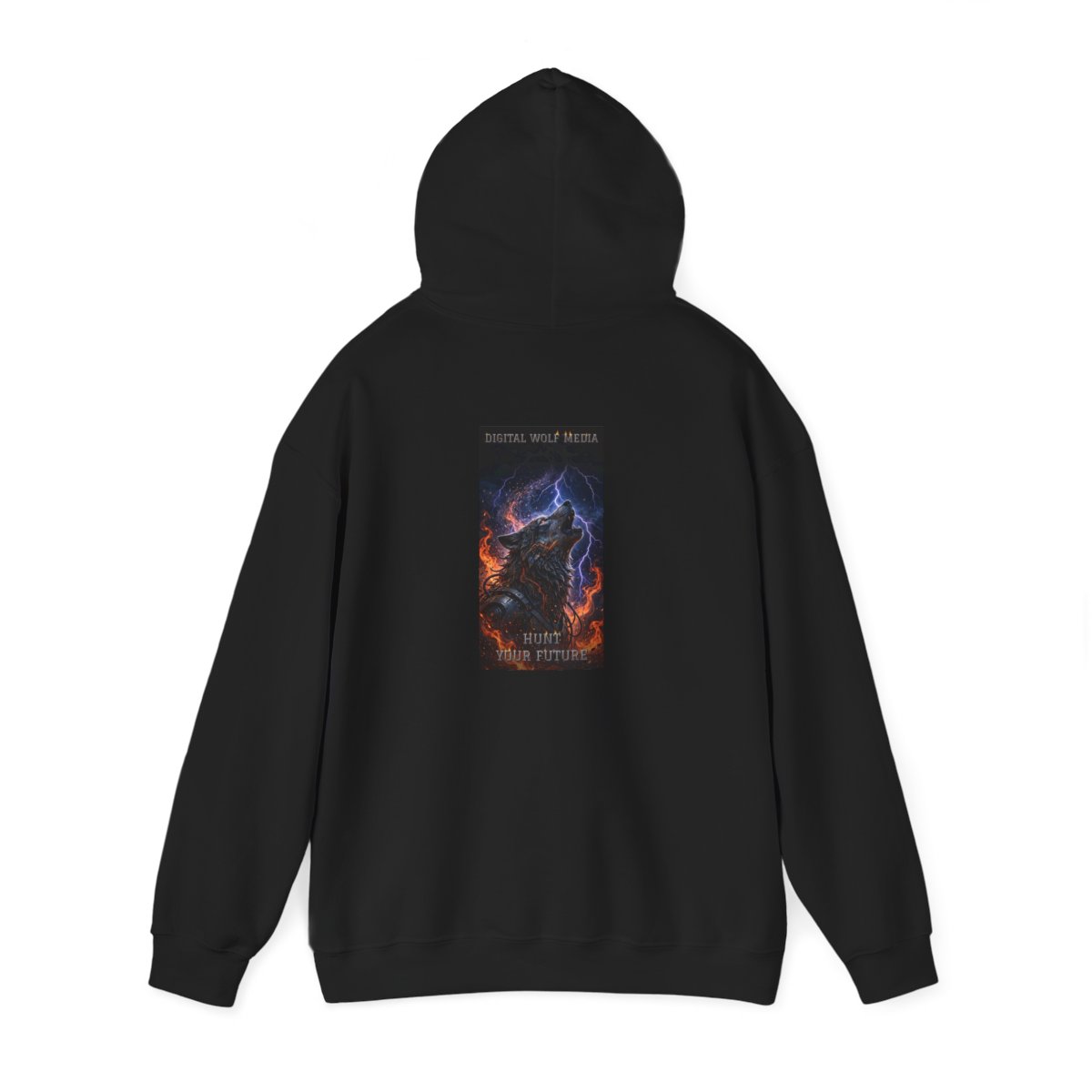 black unisex hoodie, back view — Digital Wolf Media back artwork — HUNT YOUR FUTURE