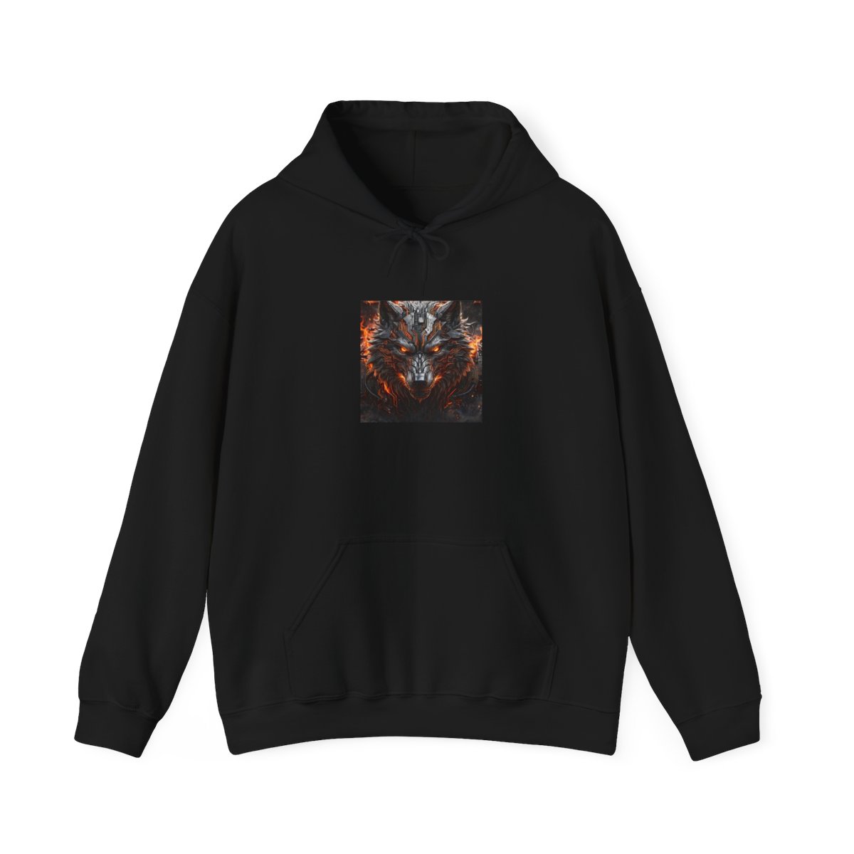 black unisex hoodie, front view — fire-wolf mascot emblem on the chest
