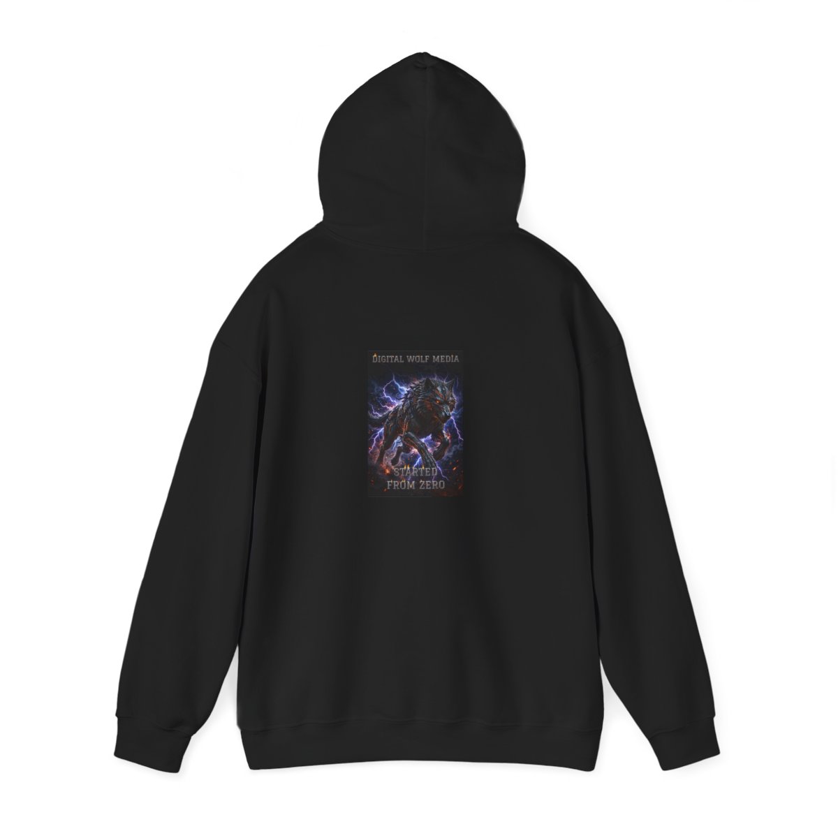 black unisex hoodie, back view — Digital Wolf Media back artwork — STARTED FROM ZERO
