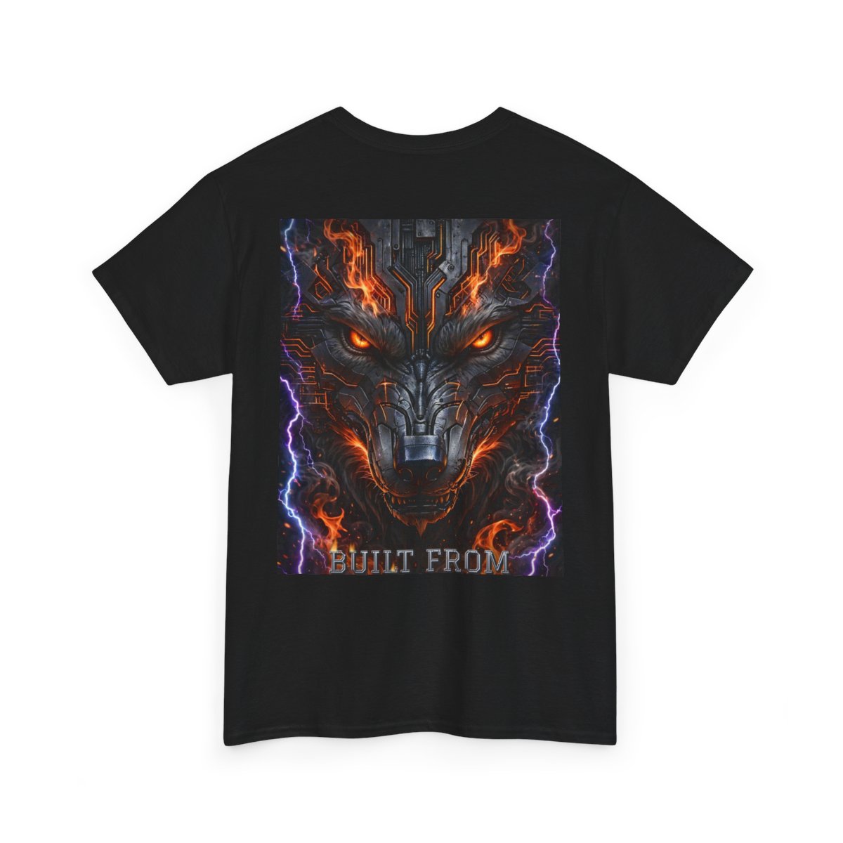 black unisex tee, back view — Digital Wolf Media back artwork — BUILT FROM NOTHING
