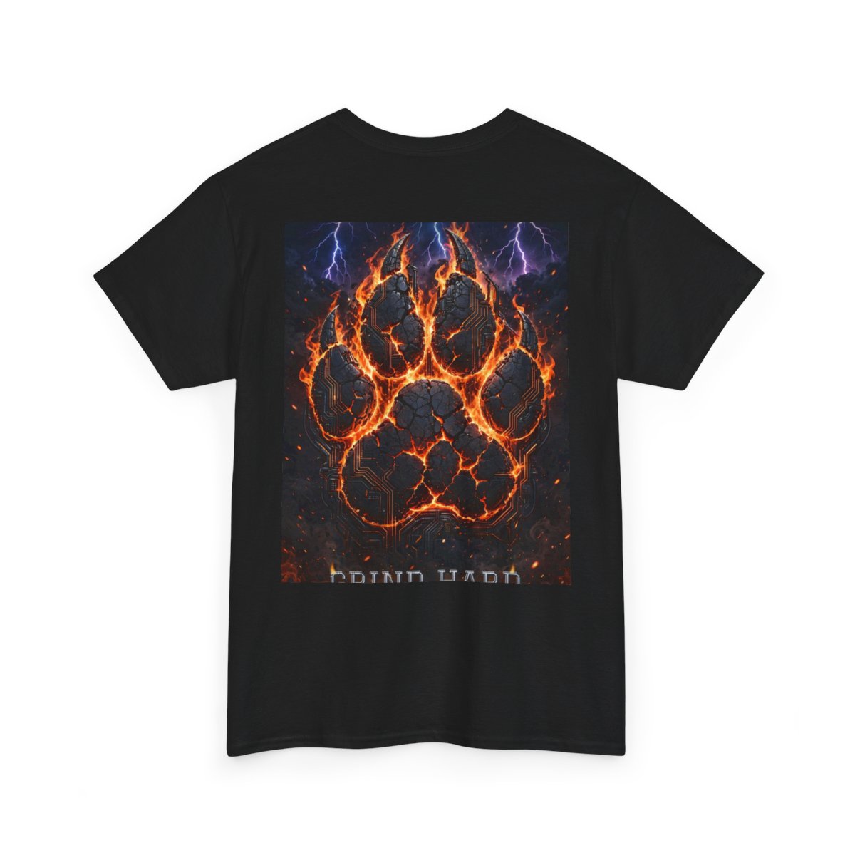black unisex tee, back view — Digital Wolf Media back artwork — GRIND HARD GET PAID.
