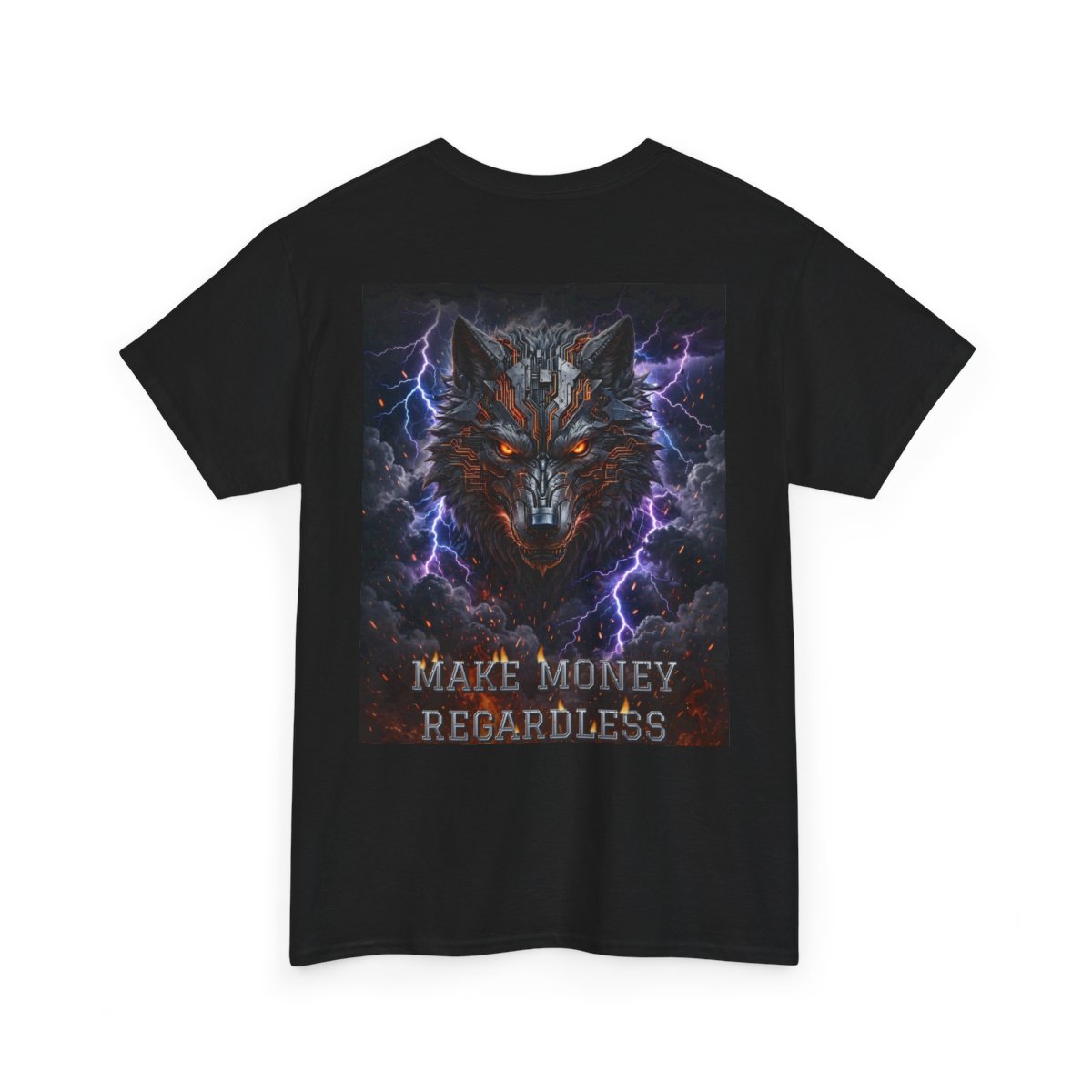 black unisex tee, back view — Digital Wolf Media back artwork — MAKE MONEY REGARDLESS