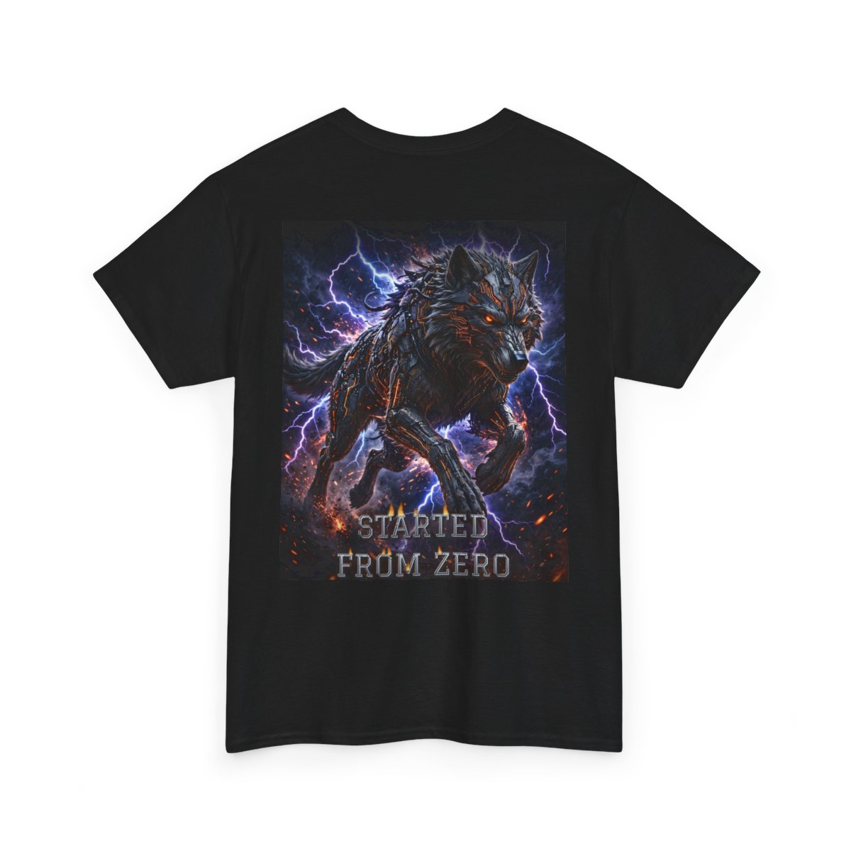 black unisex tee, back view — Digital Wolf Media back artwork — STARTED FROM ZERO