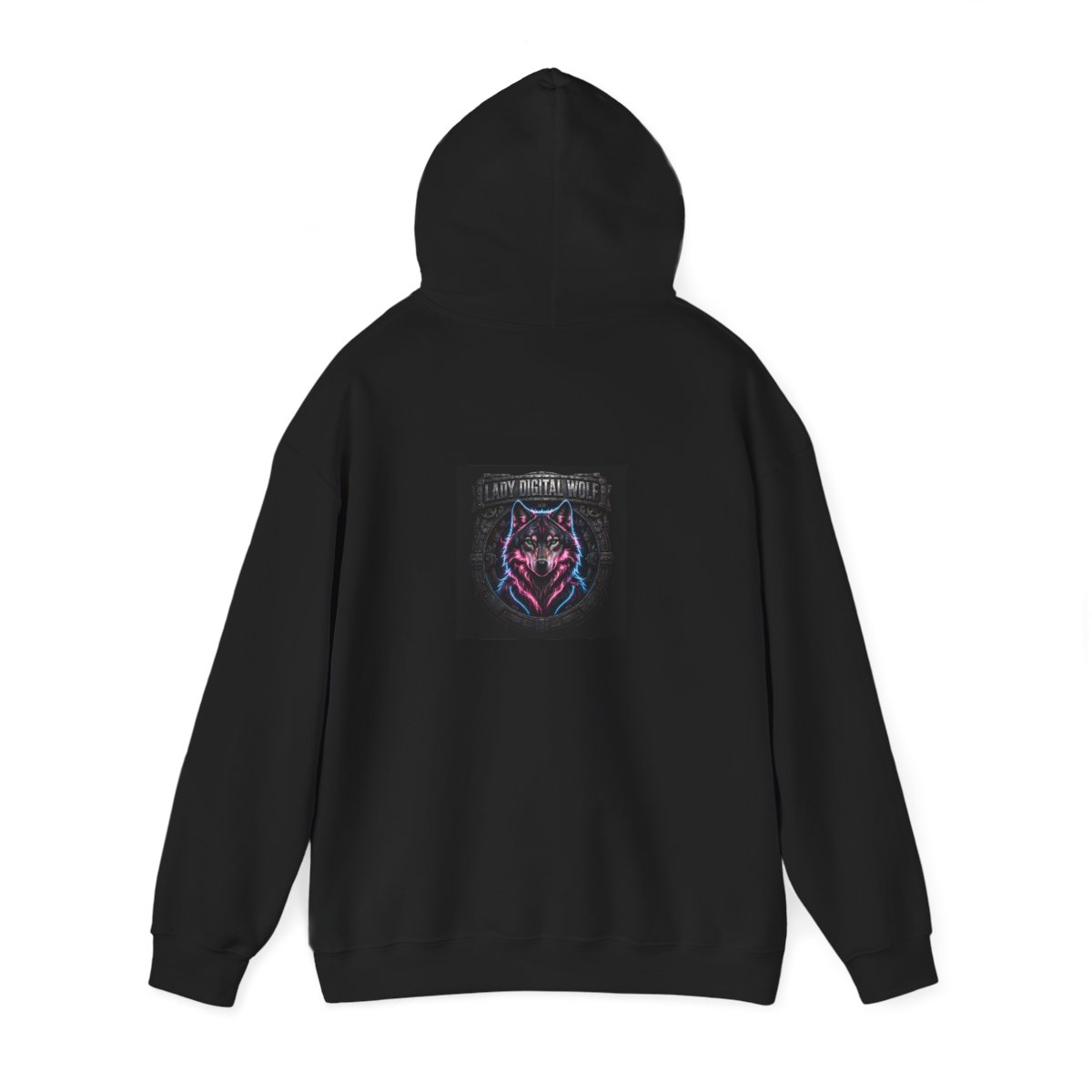 black unisex hoodie, back view — Lady Digital Wolf back artwork — Design 1 Steel Ring Portrait