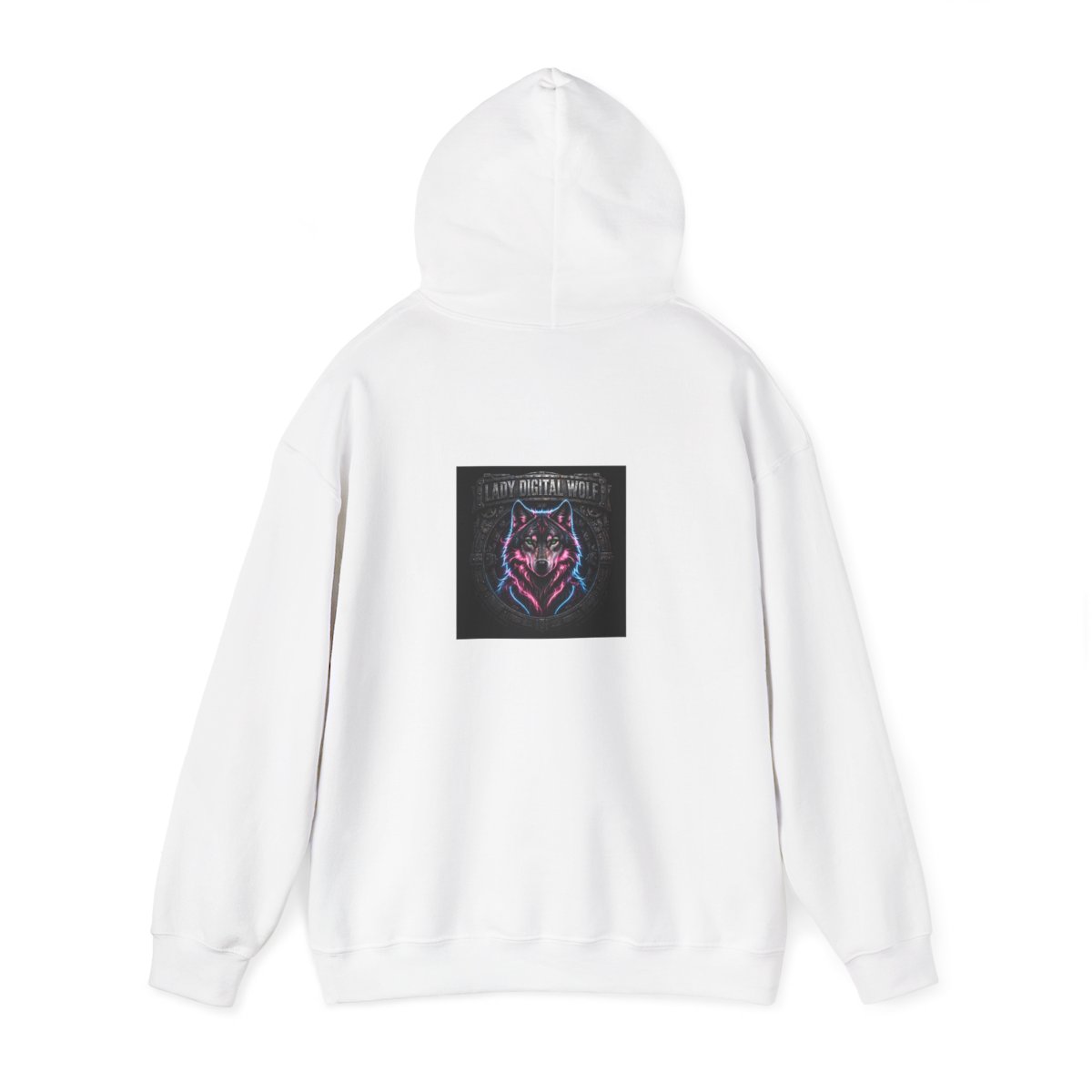 white unisex hoodie, back view — Lady Digital Wolf back artwork — Design 1 Steel Ring Portrait
