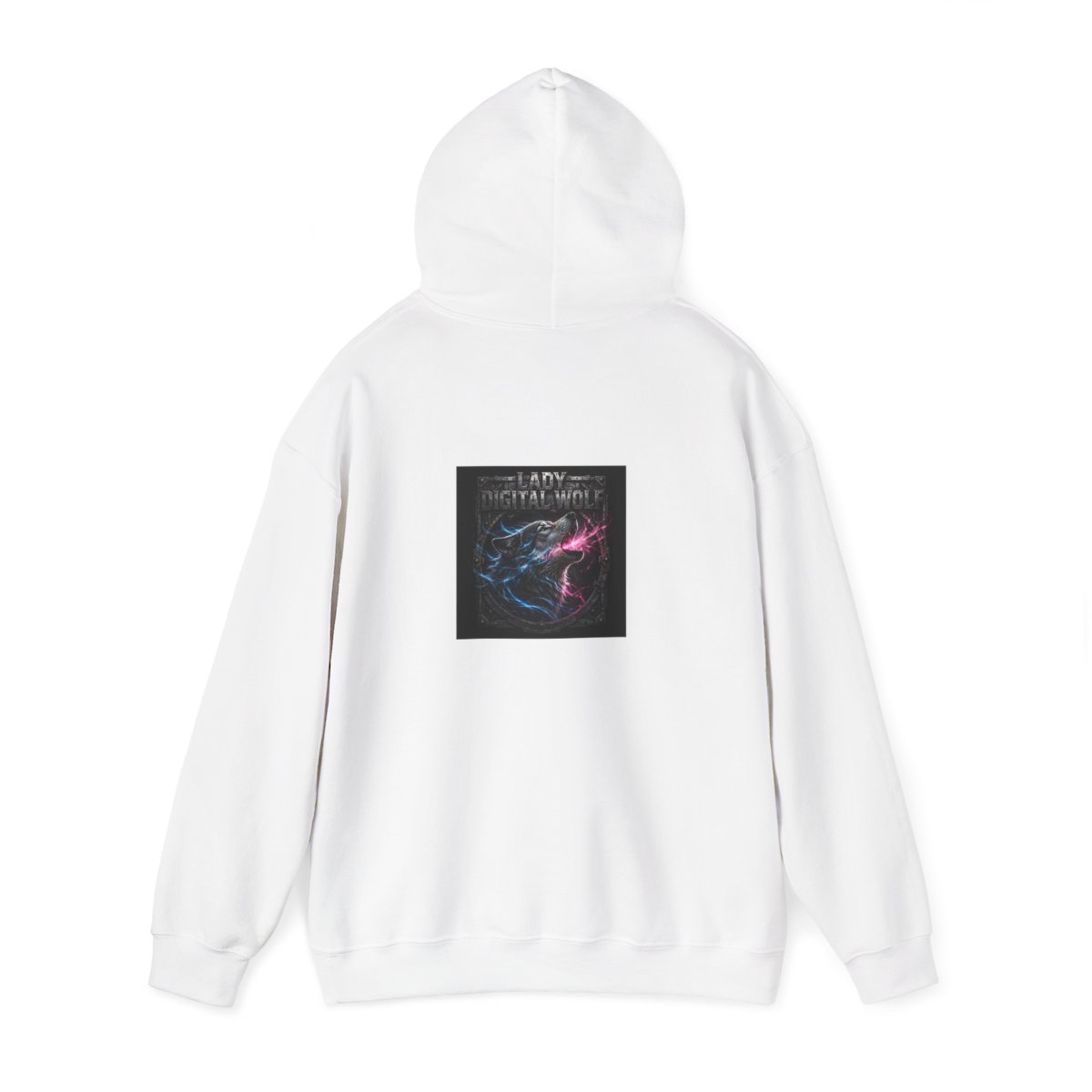 white unisex hoodie, back view — Lady Digital Wolf back artwork — Design 2 Howling Profile