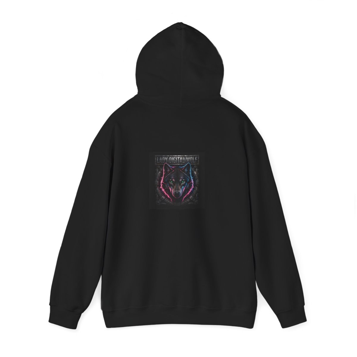 black unisex hoodie, back view — Lady Digital Wolf back artwork — Design 3 Close-Up Stare