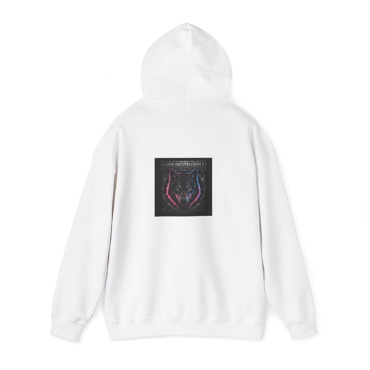 white unisex hoodie, back view — Lady Digital Wolf back artwork — Design 3 Close-Up Stare