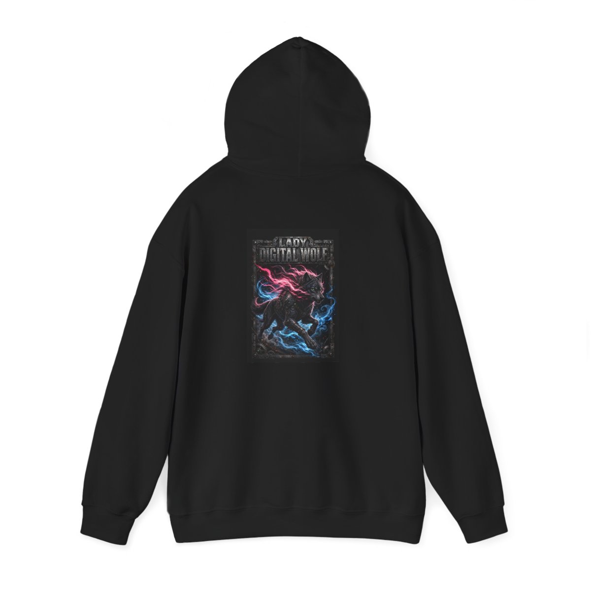 black unisex hoodie, back view — Lady Digital Wolf back artwork — Design 4 Running Charge