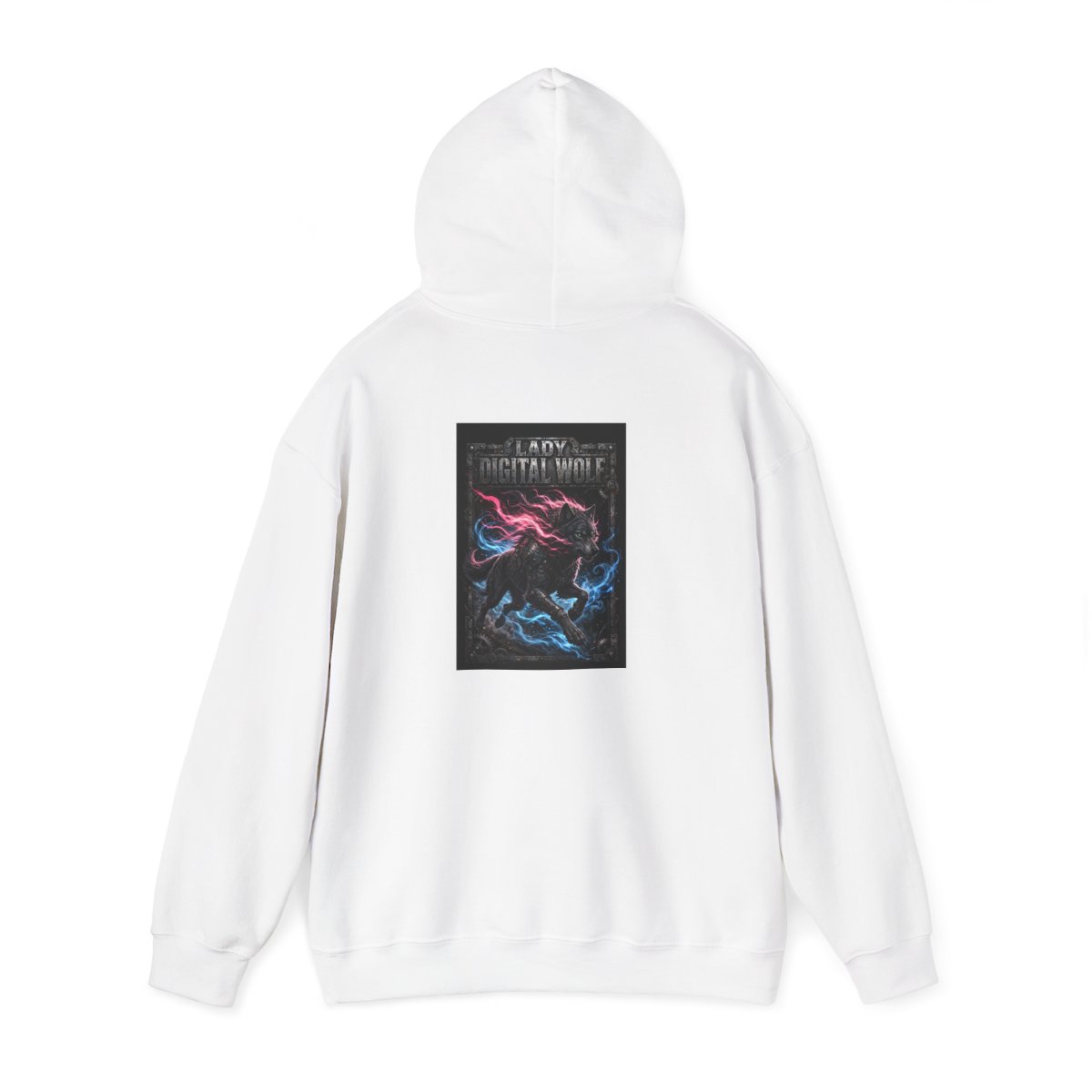 white unisex hoodie, back view — Lady Digital Wolf back artwork — Design 4 Running Charge