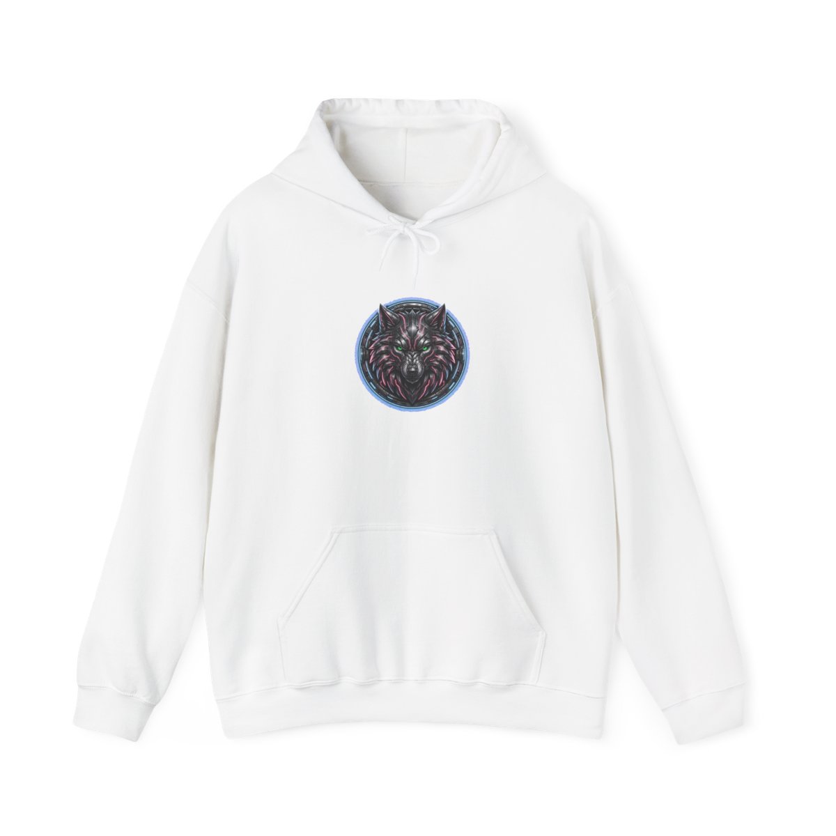 white unisex hoodie, front view — Lady Wolf mascot emblem on the chest