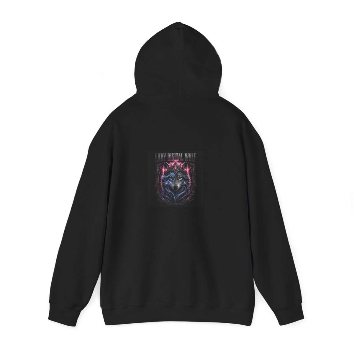 black unisex hoodie, back view — Lady Digital Wolf back artwork — Design 5 Crowned Queen