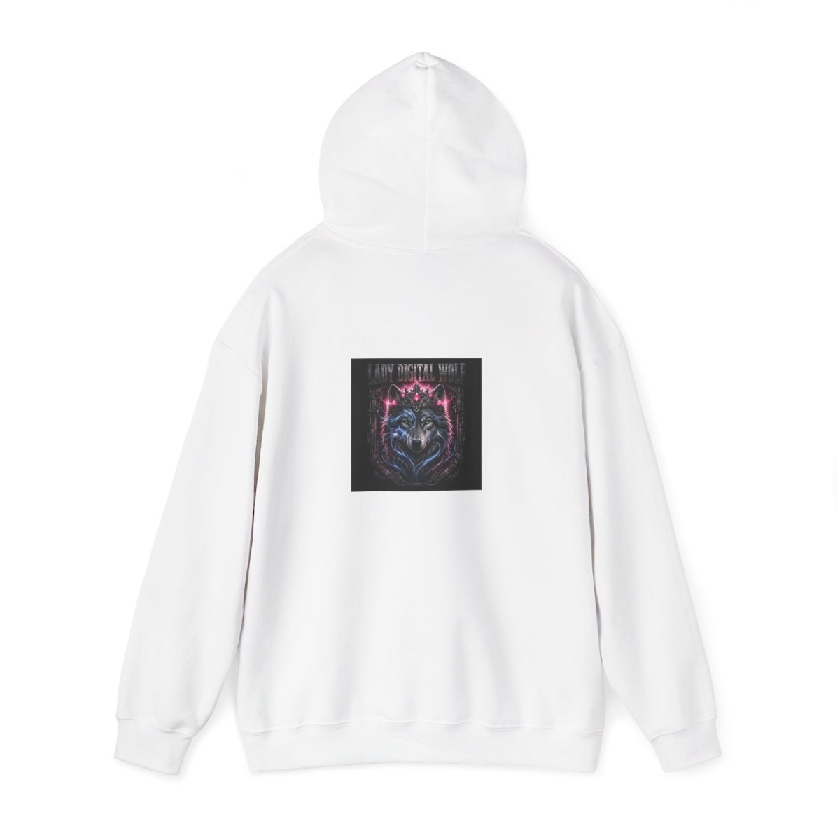 white unisex hoodie, back view — Lady Digital Wolf back artwork — Design 5 Crowned Queen