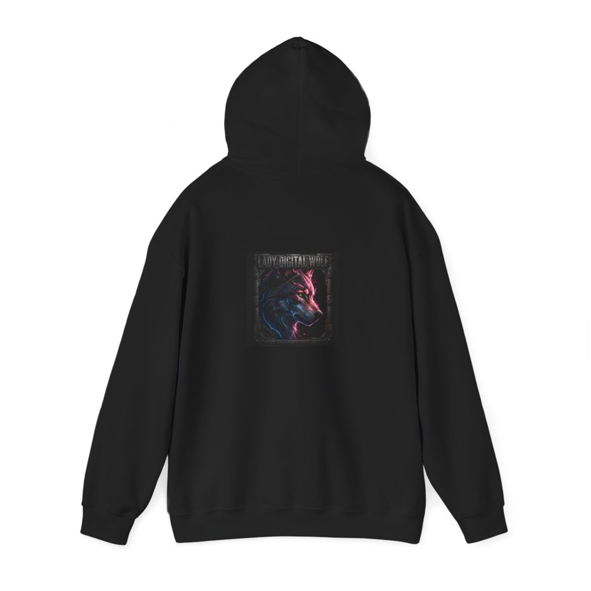 black unisex hoodie, back view — Lady Digital Wolf back artwork — Design 6 Circuit Shadow