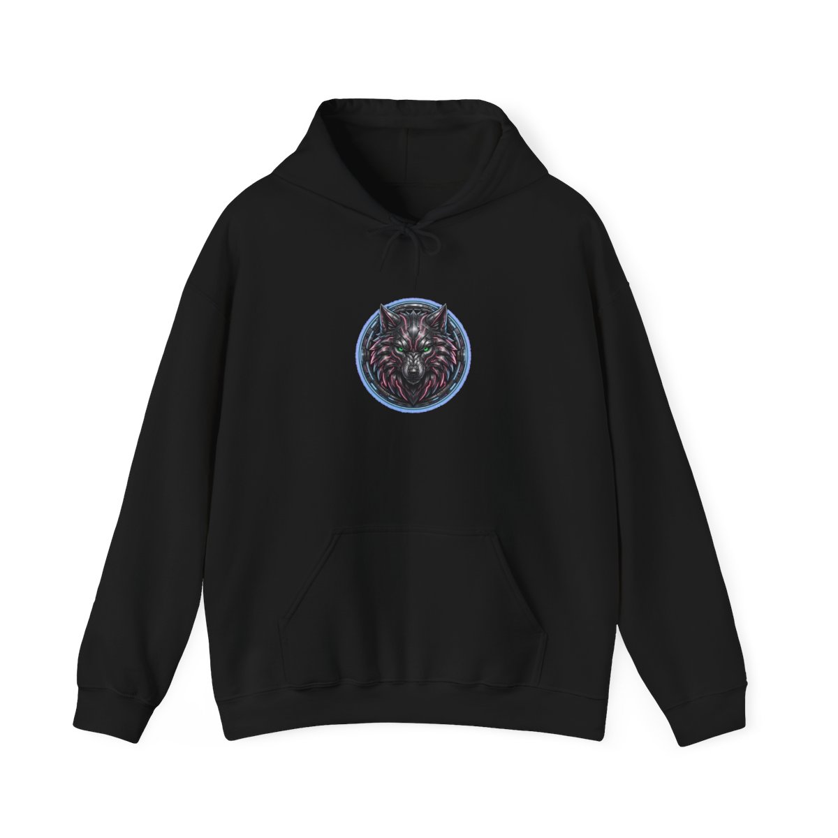 black unisex hoodie, front view — Lady Wolf mascot emblem on the chest