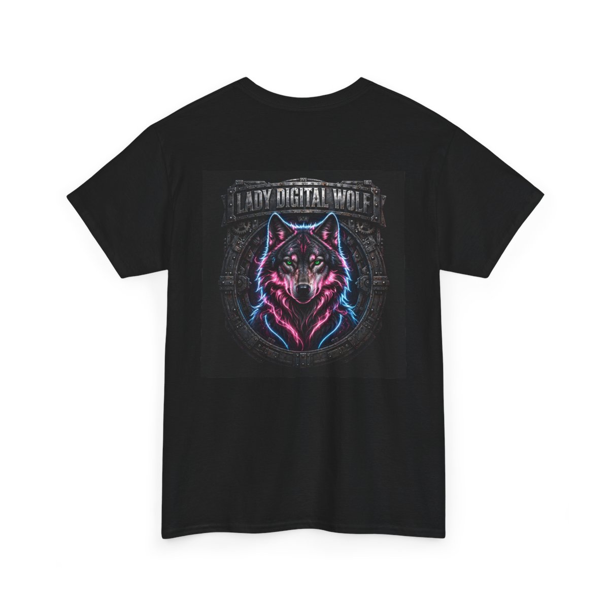 Lady Digital Wolf T-shirt, Steel Ring Portrait design: neon pink and blue wolf art printed big on the back of a black tee