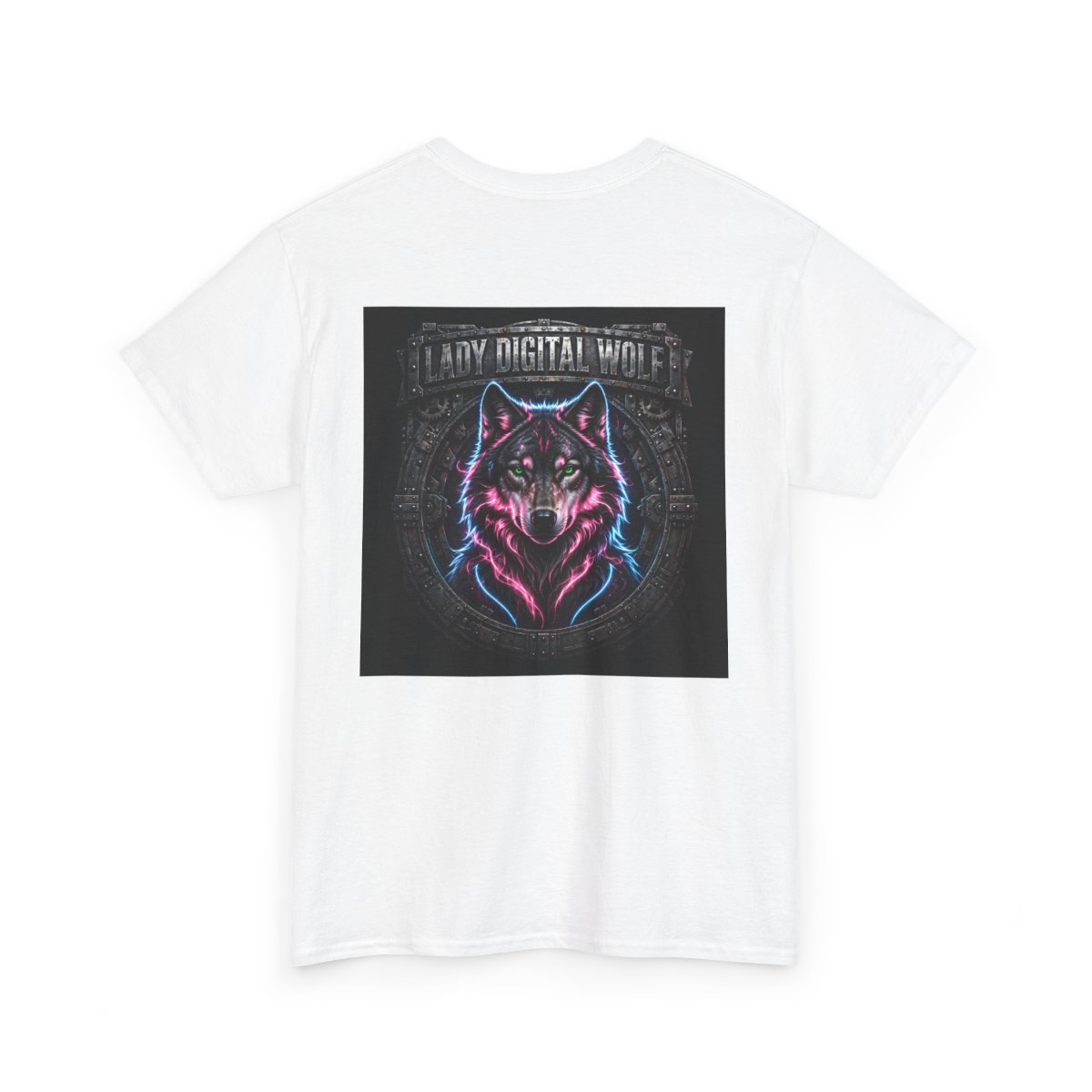 white unisex tee, back view — Lady Digital Wolf back artwork — Design 1 Steel Ring Portrait