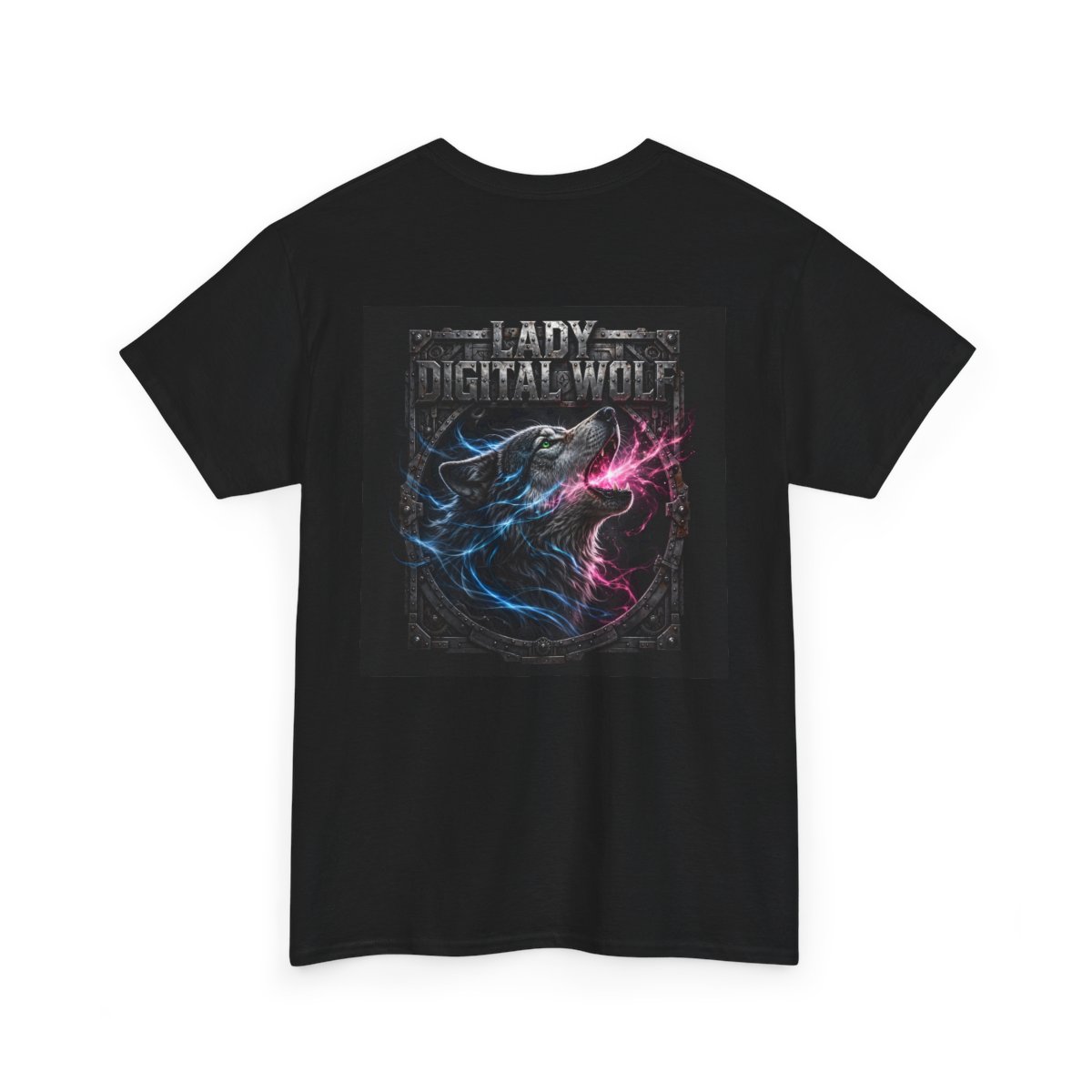 black unisex tee, back view — Lady Digital Wolf back artwork — Design 2 Howling Profile