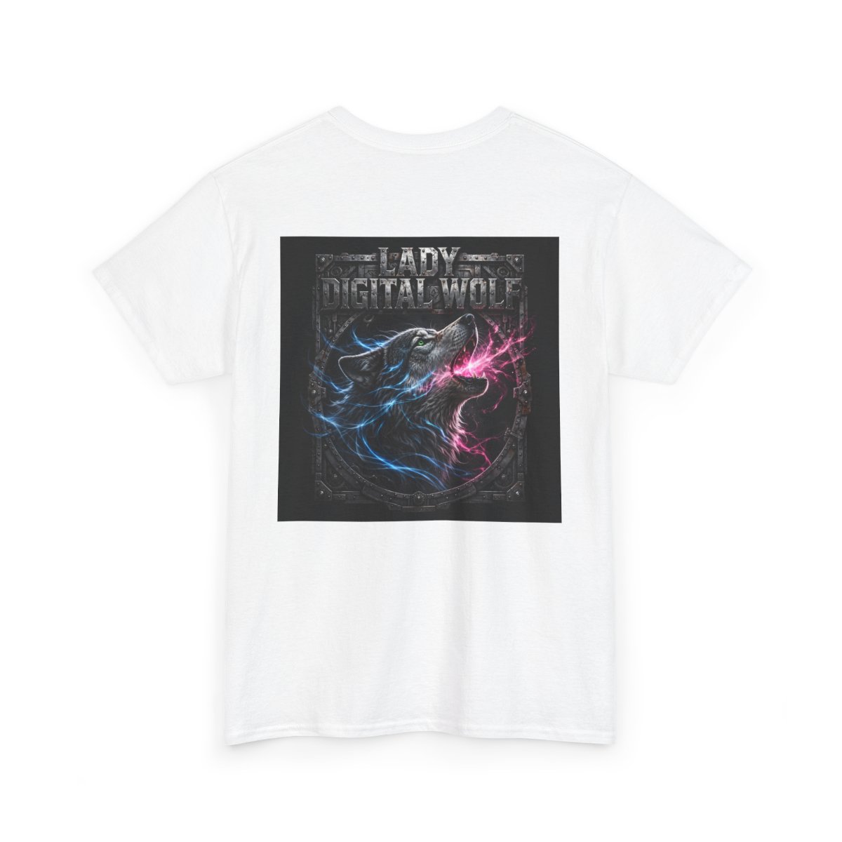 white unisex tee, back view — Lady Digital Wolf back artwork — Design 2 Howling Profile