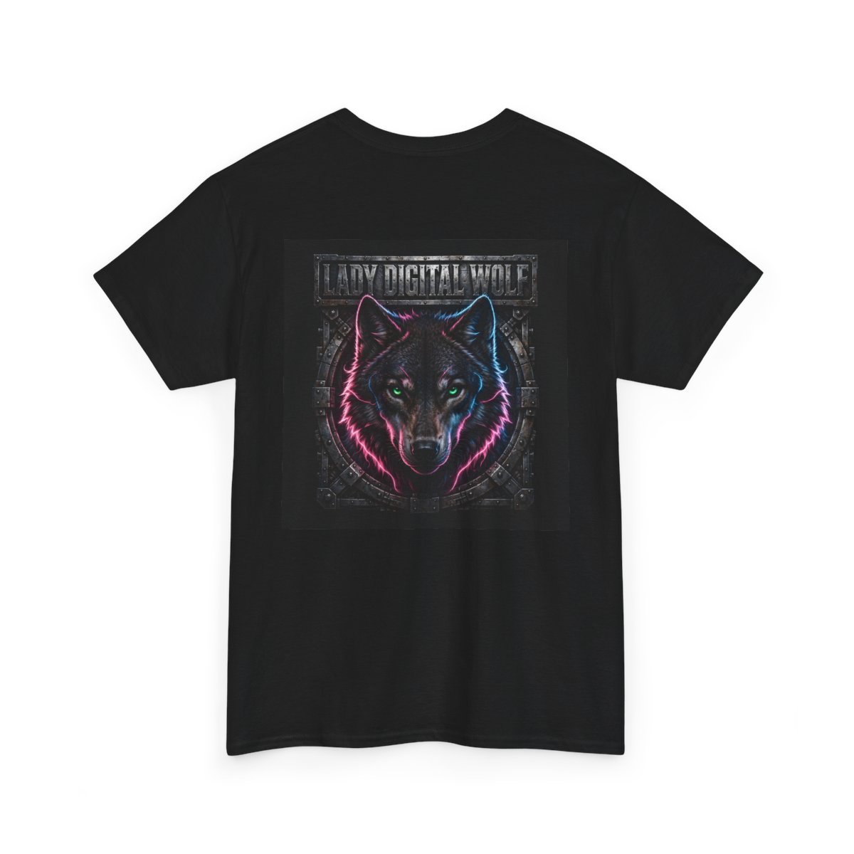 black unisex tee, back view — Lady Digital Wolf back artwork — Design 3 Close-Up Stare