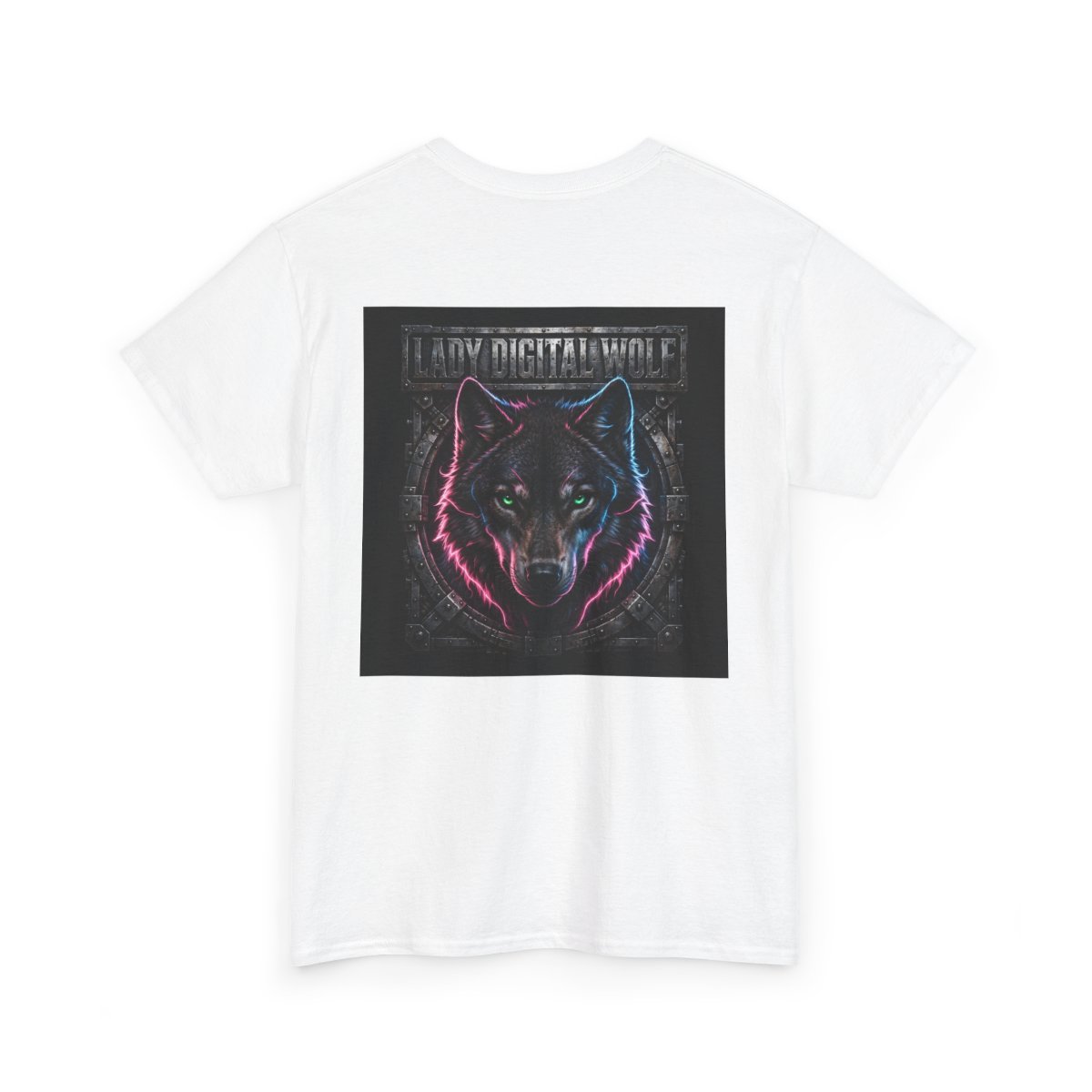 white unisex tee, back view — Lady Digital Wolf back artwork — Design 3 Close-Up Stare