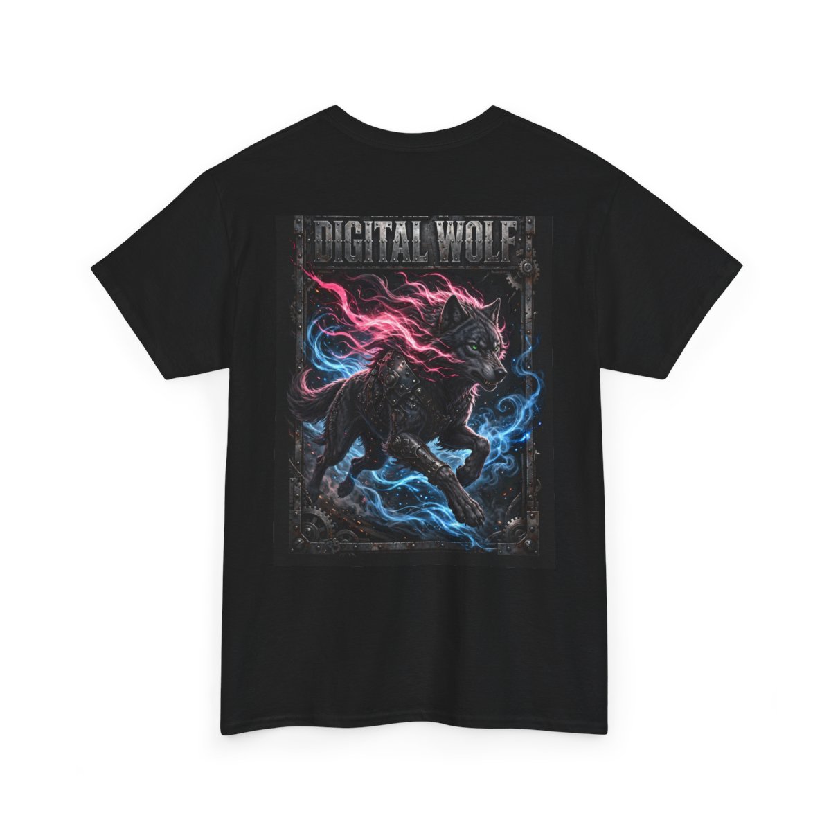 black unisex tee, back view — Lady Digital Wolf back artwork — Design 4 Running Charge