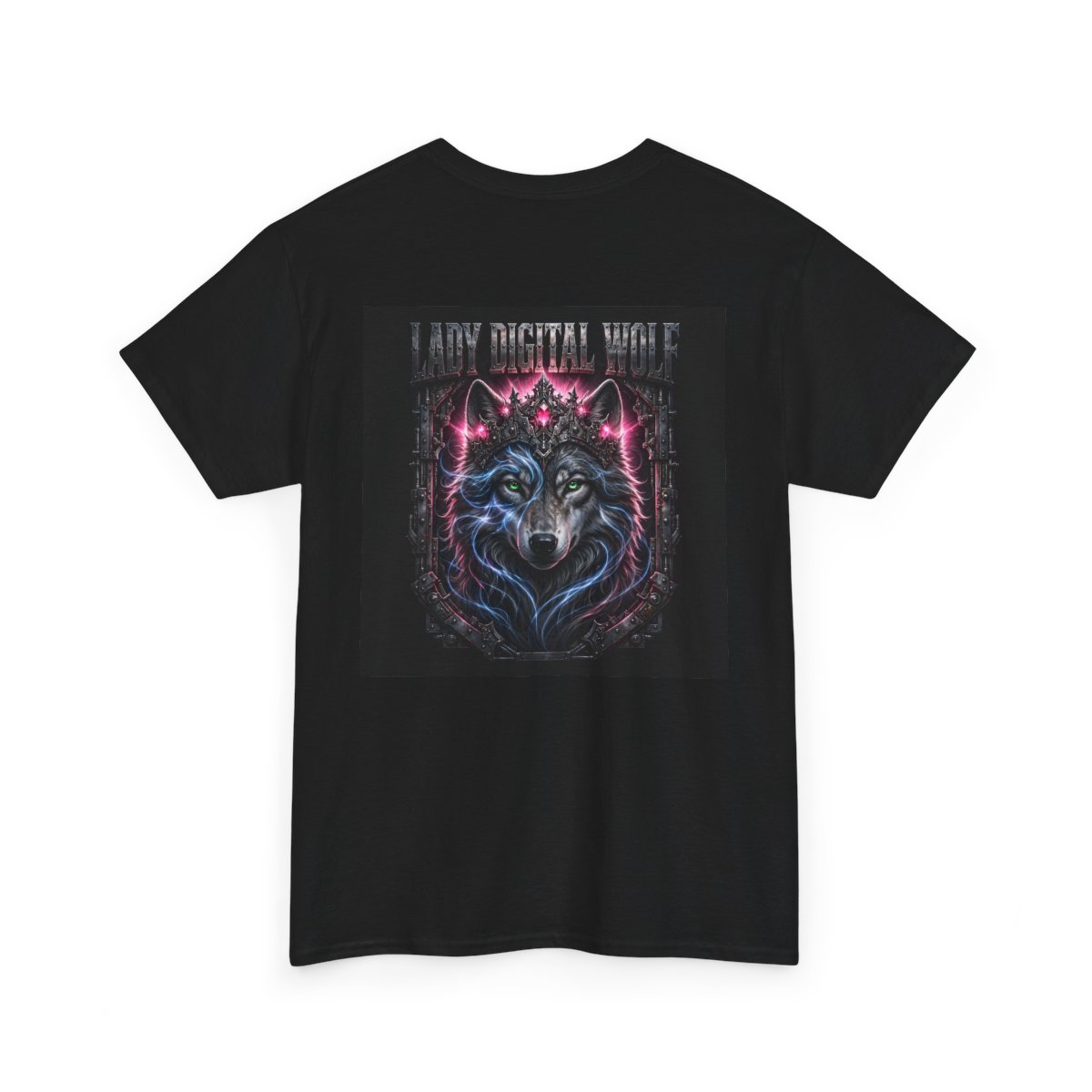 black unisex tee, back view — Lady Digital Wolf back artwork — Design 5 Crowned Queen