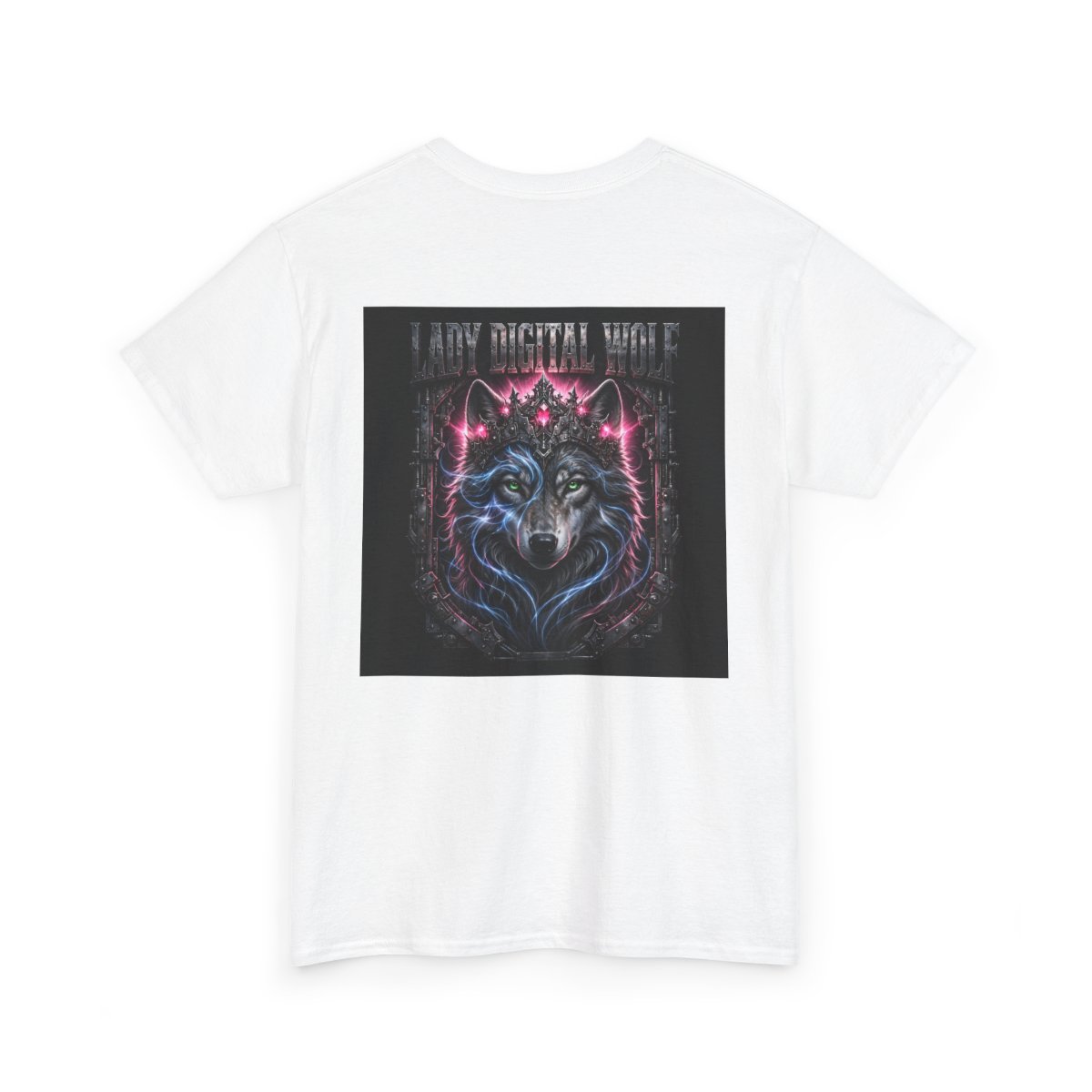 white unisex tee, back view — Lady Digital Wolf back artwork — Design 5 Crowned Queen