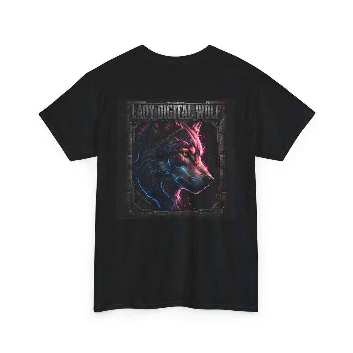 black unisex tee, back view — Lady Digital Wolf back artwork — Design 6 Circuit Shadow