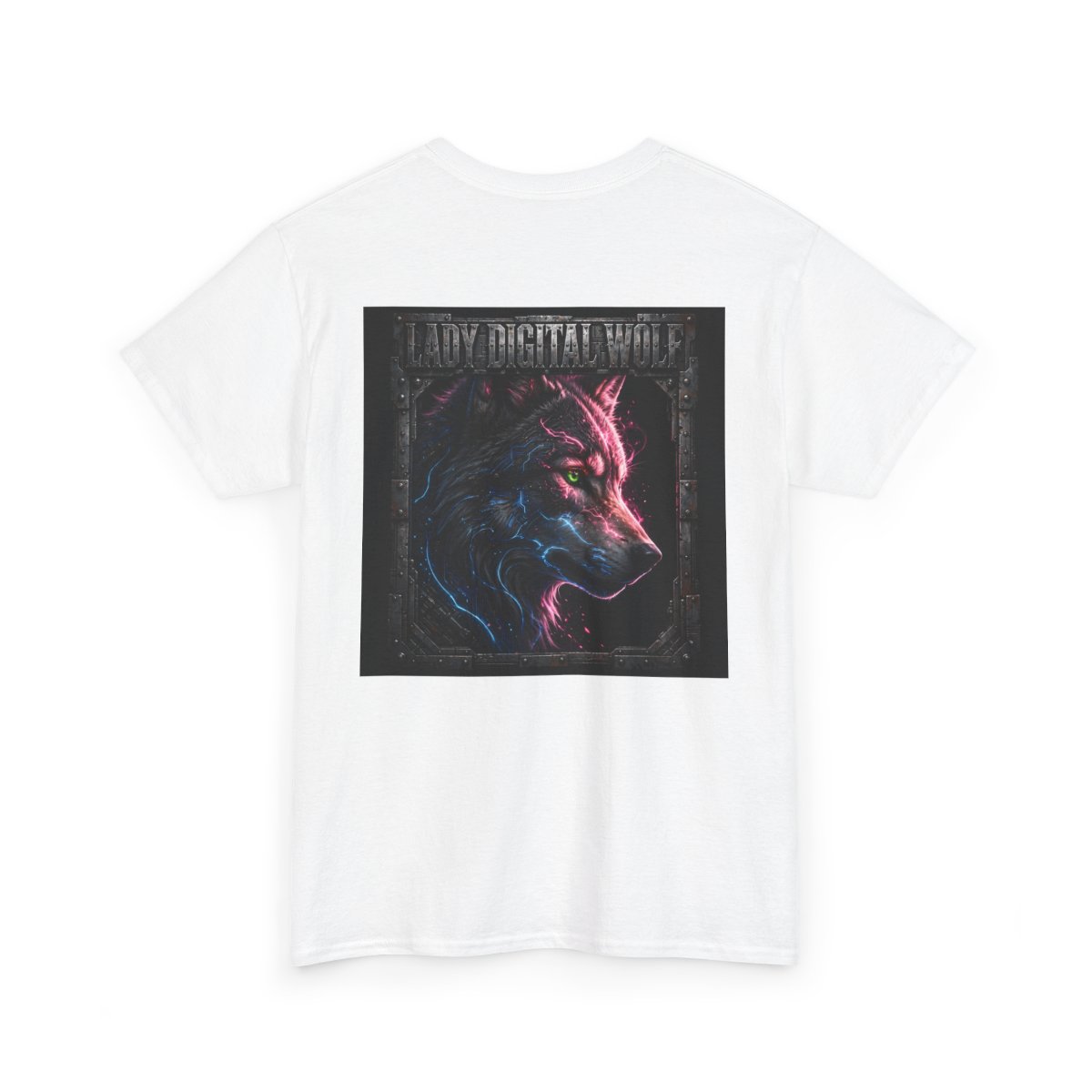 white unisex tee, back view — Lady Digital Wolf back artwork — Design 6 Circuit Shadow