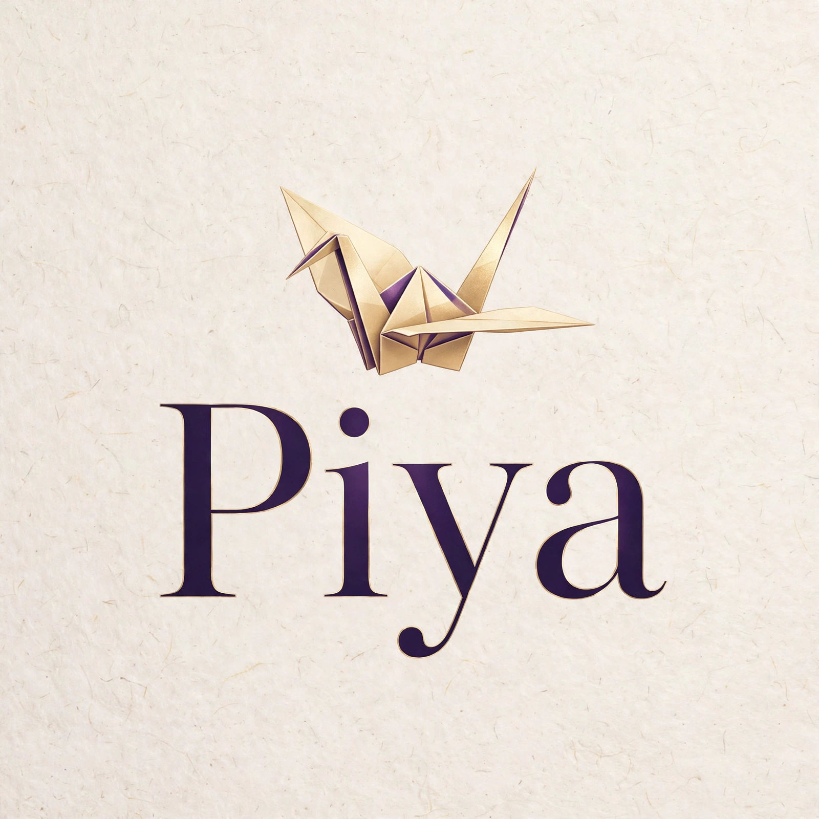 Piya Printables logo — deep purple serif lettering with a gold origami crane